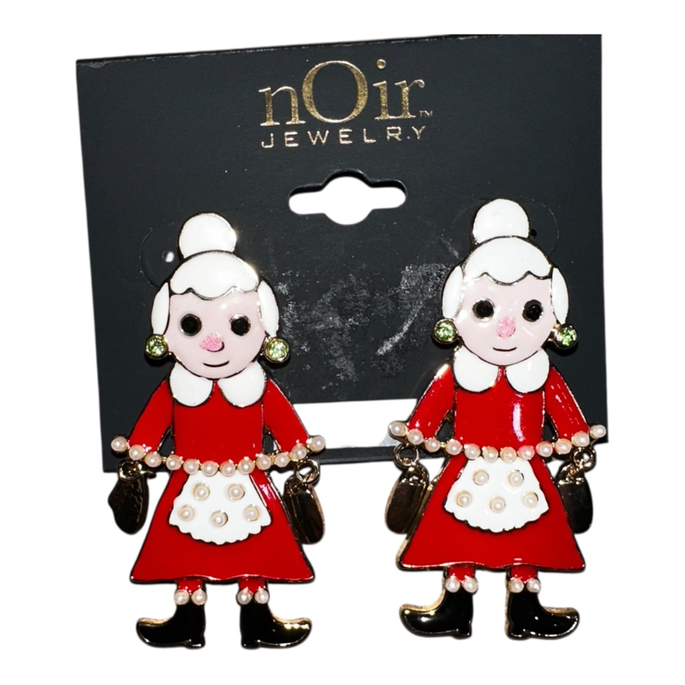 NEW‎ NOIR JEWELRY Mrs. Claus Dangle Moving Post Back Earrings Christmas Holiday